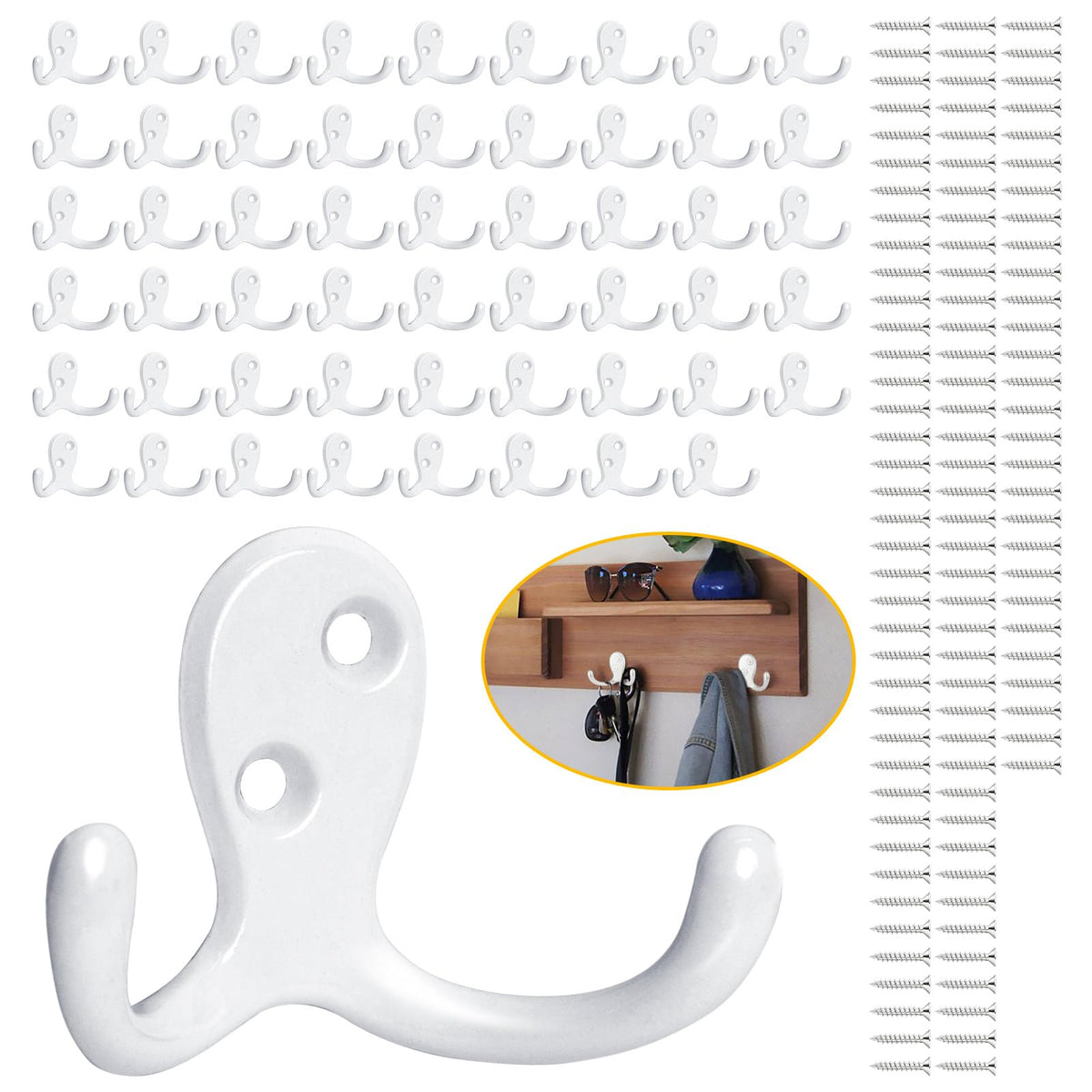 White Double Prong Wall Hooks, Set of 54, Zinc Die Cast