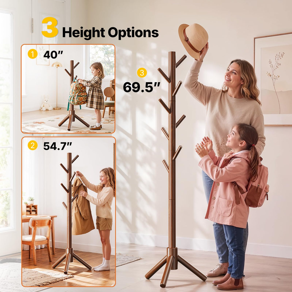 Freestanding Wooden Coat Stand, 8 Hooks, Walnut, Tool Free