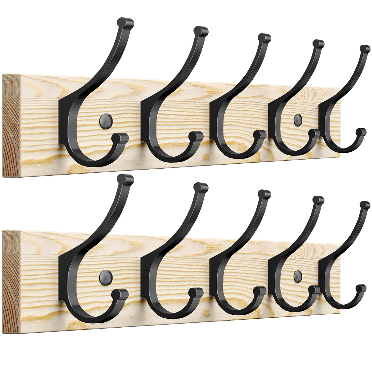 Rustic Wood Double Hook Coat Racks, 2 Pack, 16.5 Inch, Natural Wood