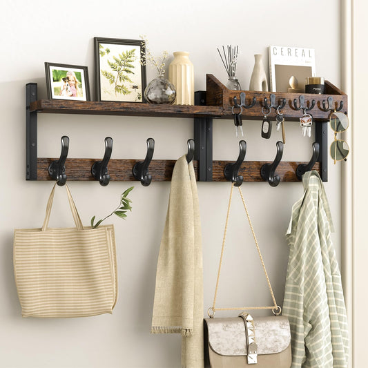 Wall Mounted Coat Rack with Shelf, 29 Inch, Rustic Brown Entryway Hooks