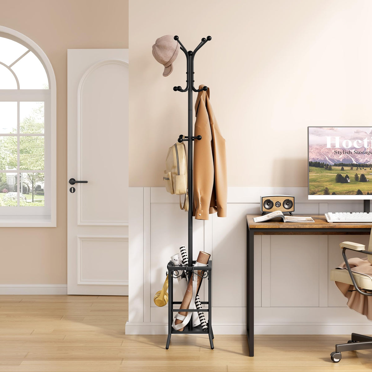 Freestanding Metal Coat Rack with 12 Hooks and Umbrella Holder, Black