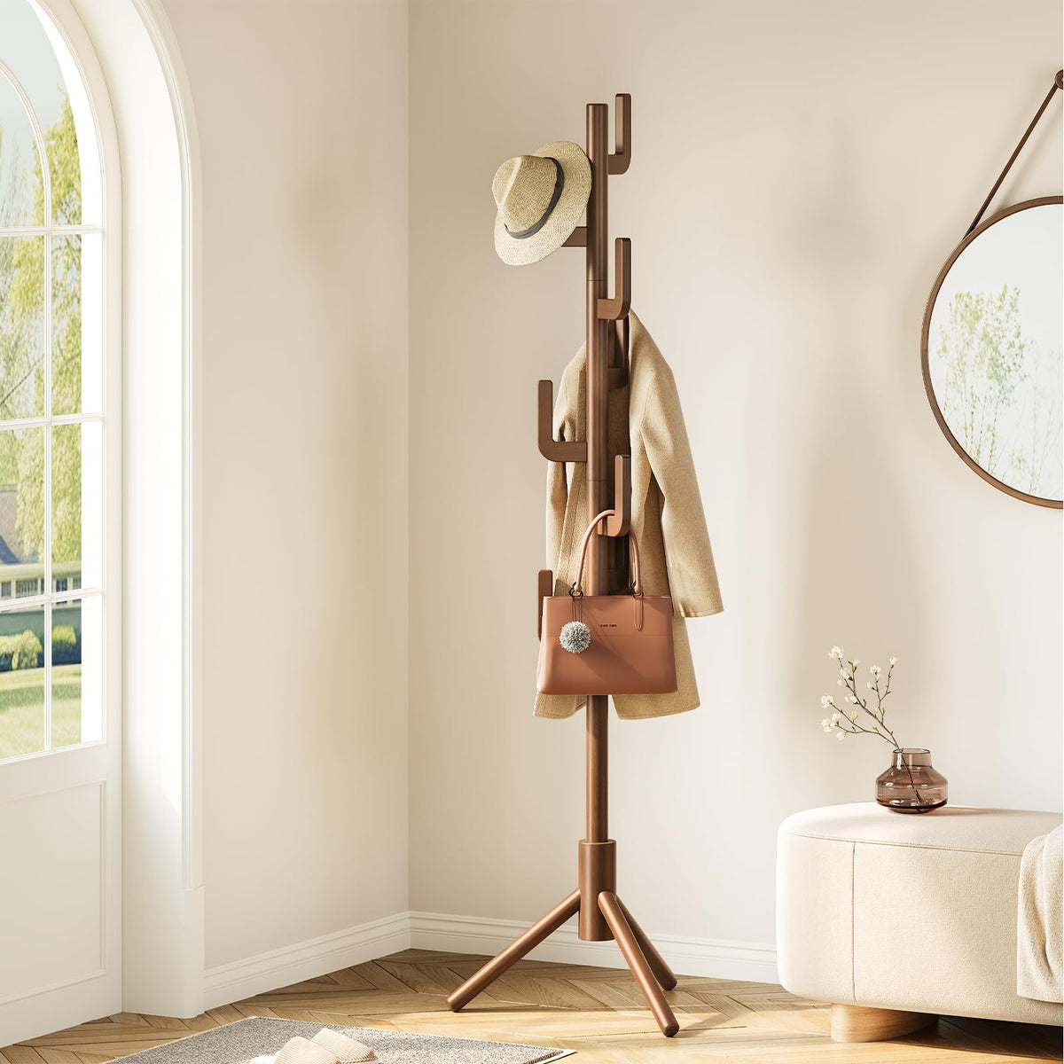 Solid Wood Cactus Coat Tree with 8 Hooks, Freestanding, 3 Adjustable Sizes