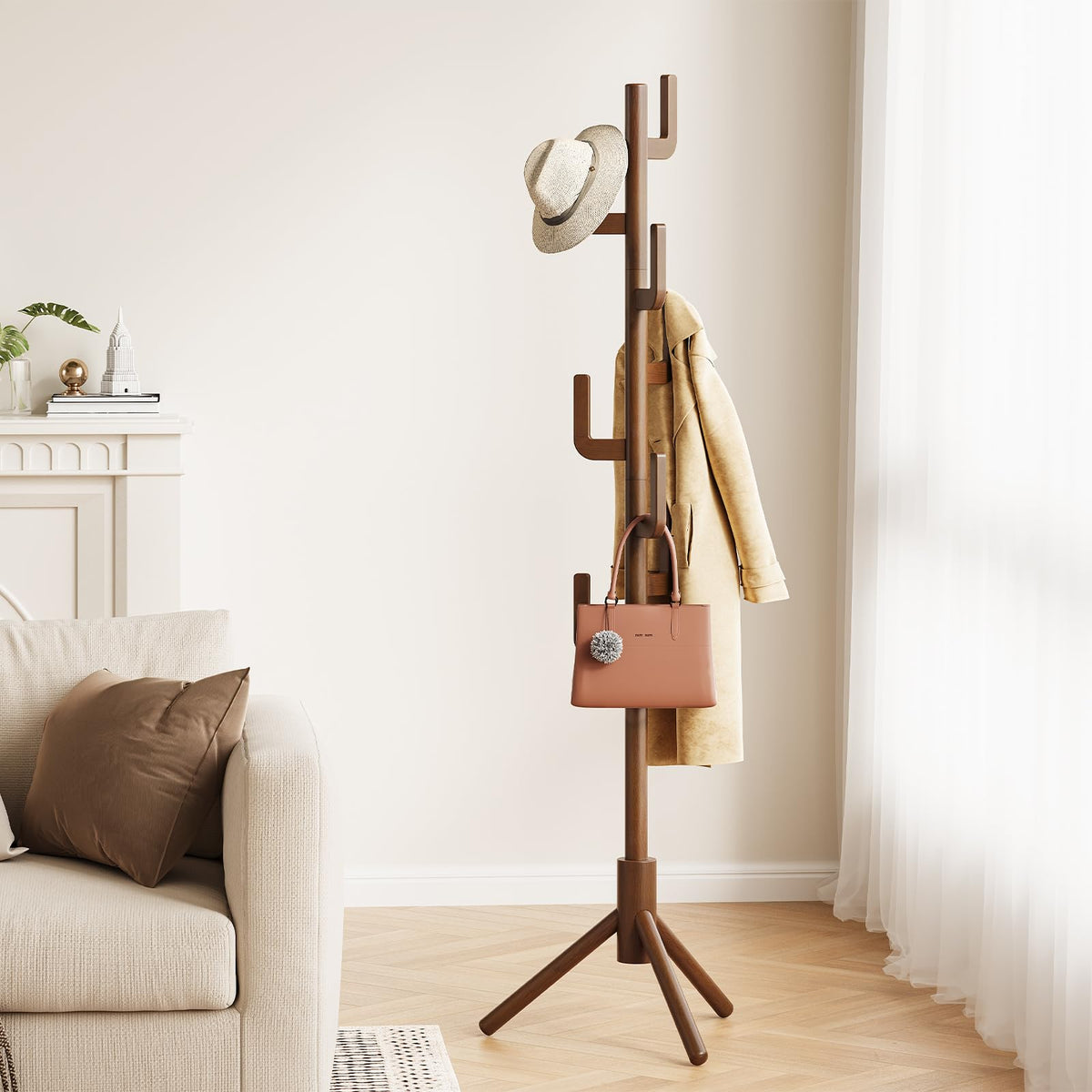Solid Wood Cactus Coat Tree with 8 Hooks, Freestanding, 3 Adjustable Sizes