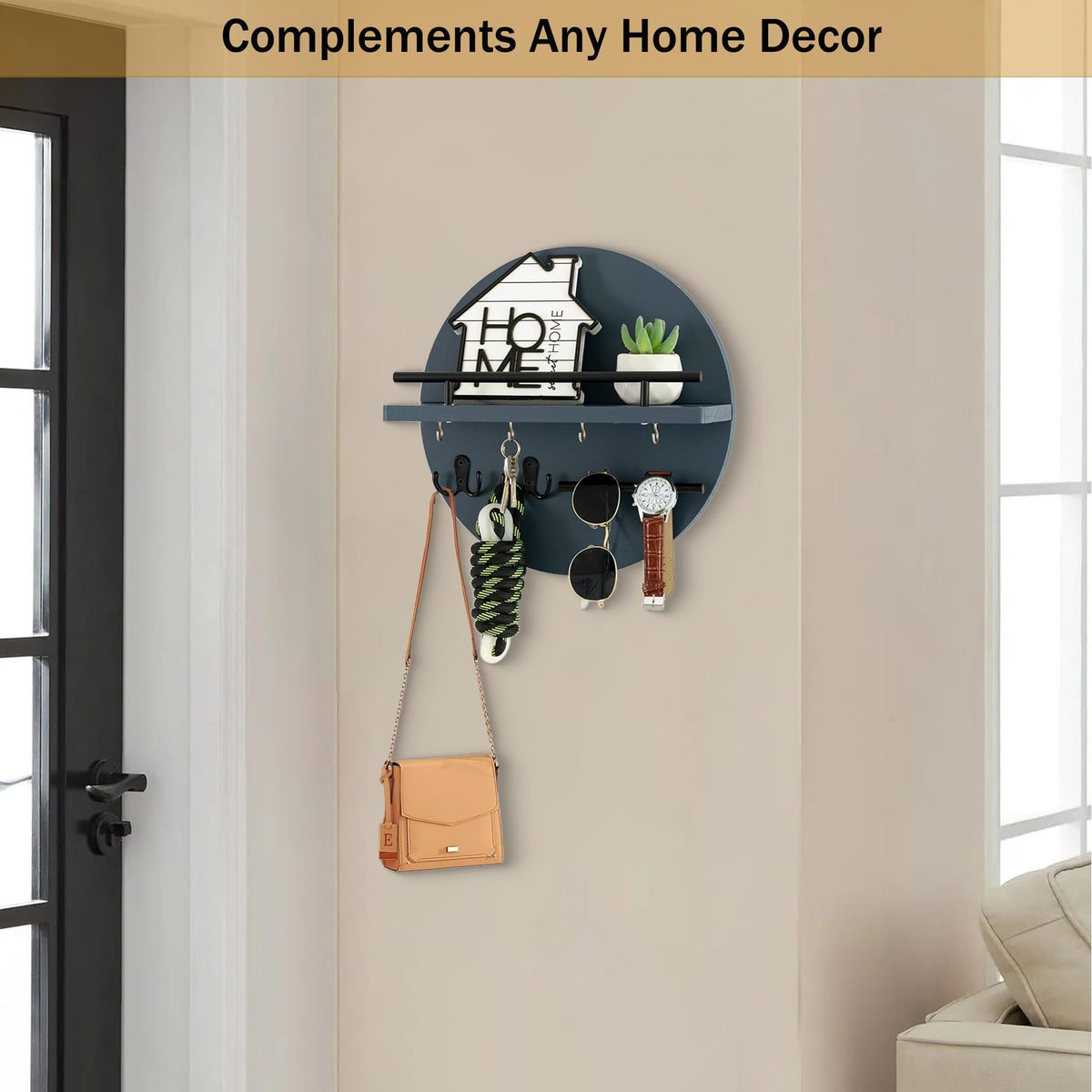 Navy Blue Wall Key Rack with Mail Shelf, Rounded Wood Design