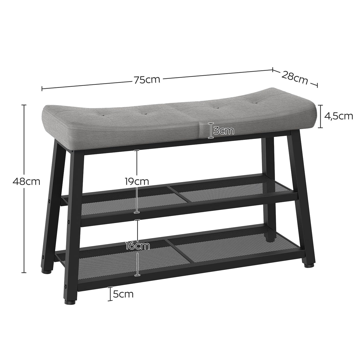 Upholstered Shoe Bench, 3 Tier, 29.5 Inch, Gray and Black Metal