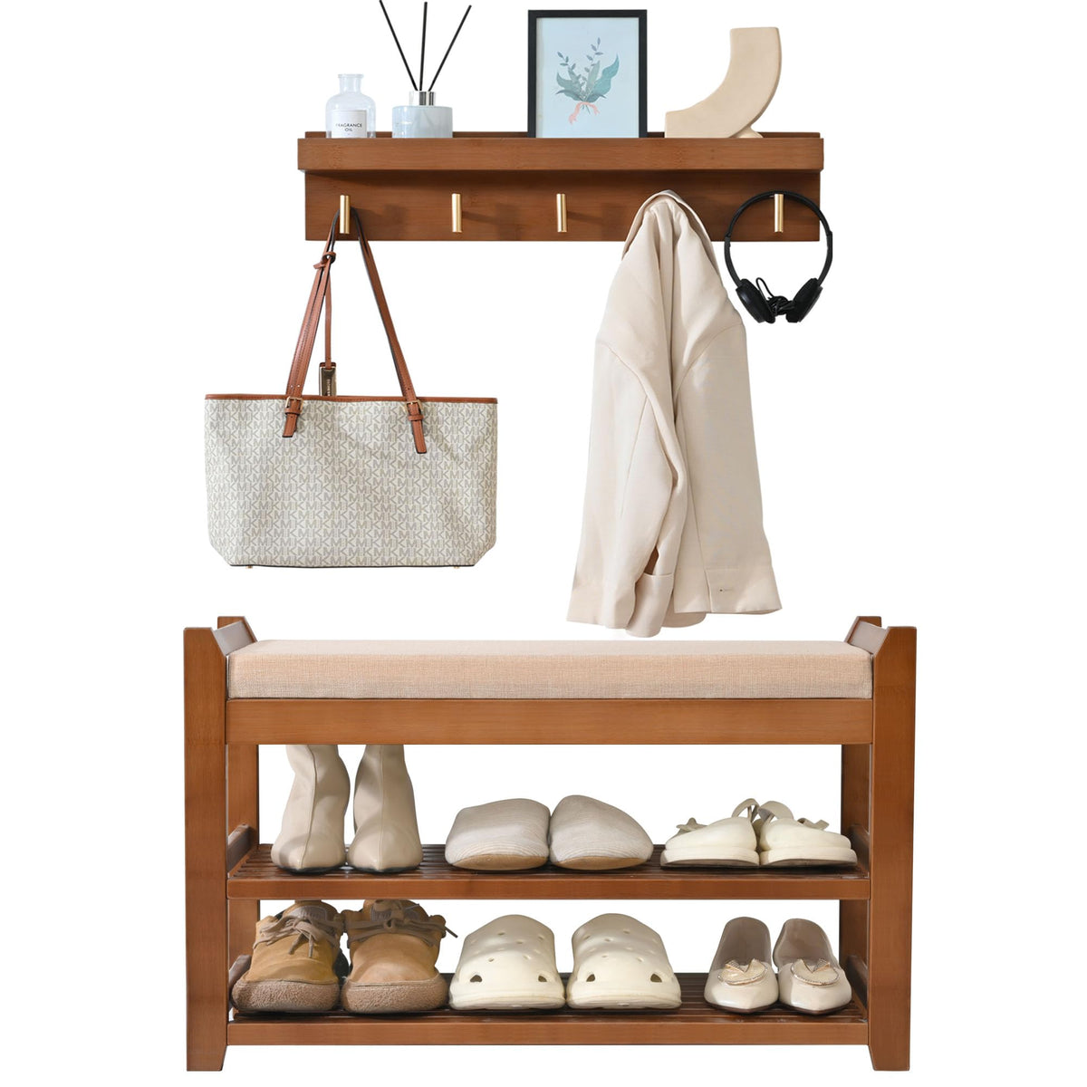 Bamboo Hall Tree Shoe Bench with Wall Coat Rack, 28 Inch, 5 Hooks, Brown