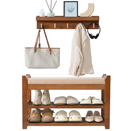 Bamboo Hall Tree Shoe Bench with Wall Coat Rack, 28 Inch, 5 Hooks, Brown