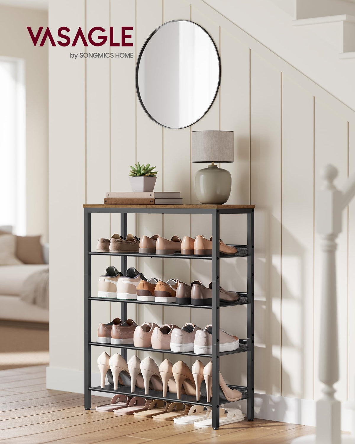 5 Tier Shoe Rack, Adjustable Shelves, Honey Brown and Black
