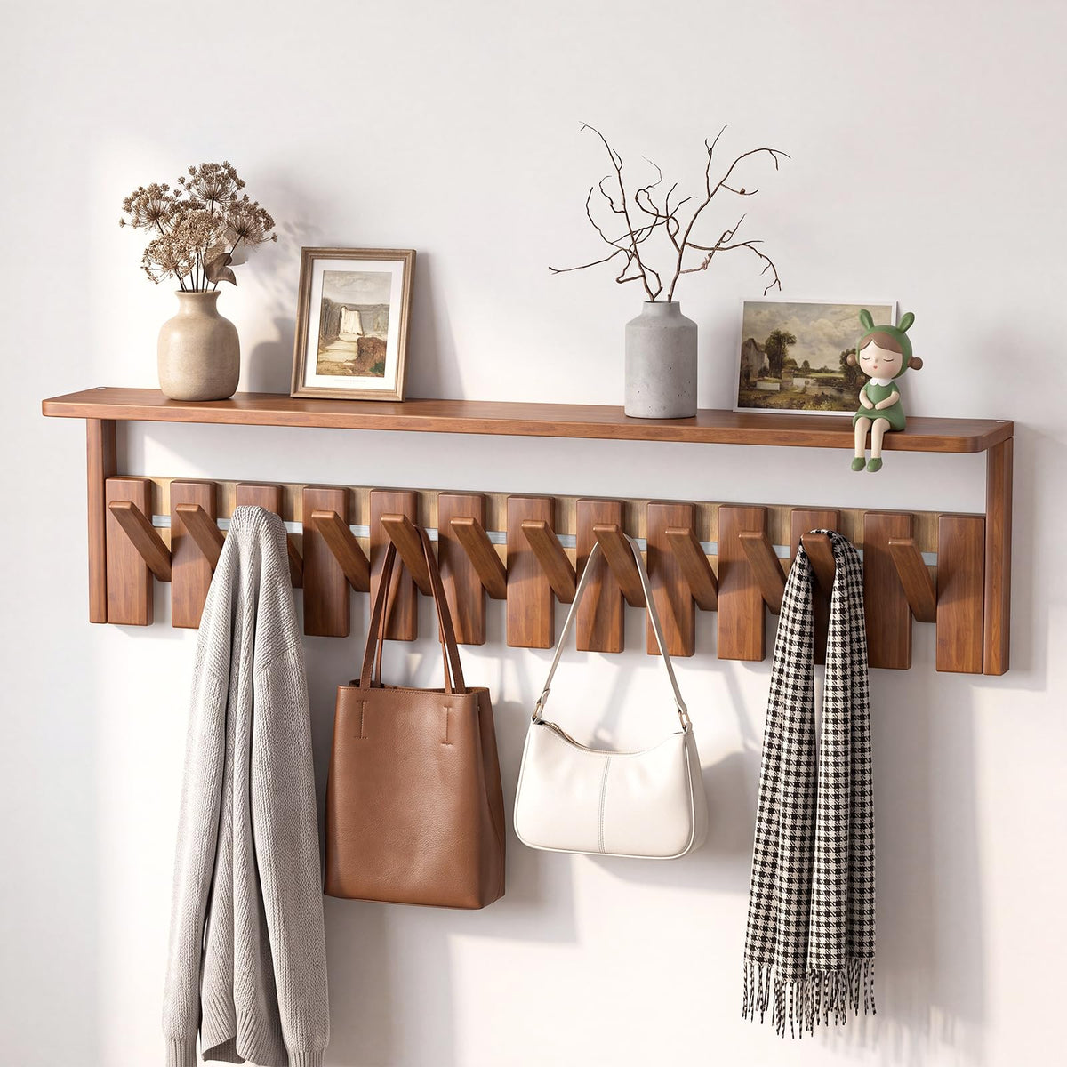 Walnut Wall Coat Rack with Top Shelf and 12 Flip-Down Hooks