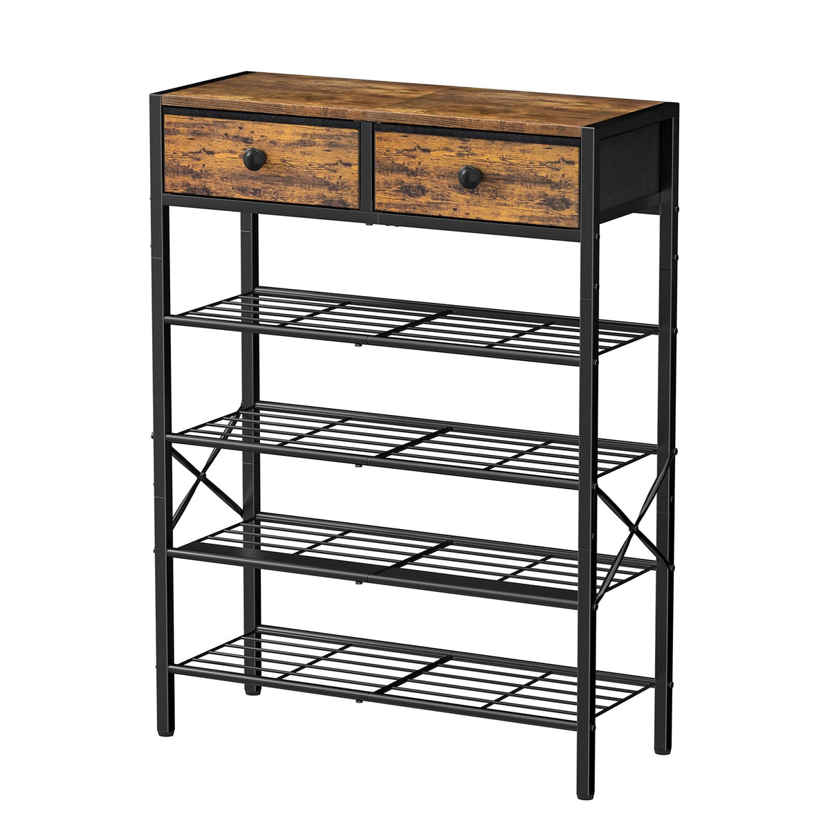 5 Tier Shoe Rack with 2 Storage Drawers and Wood Top, Rustic Brown