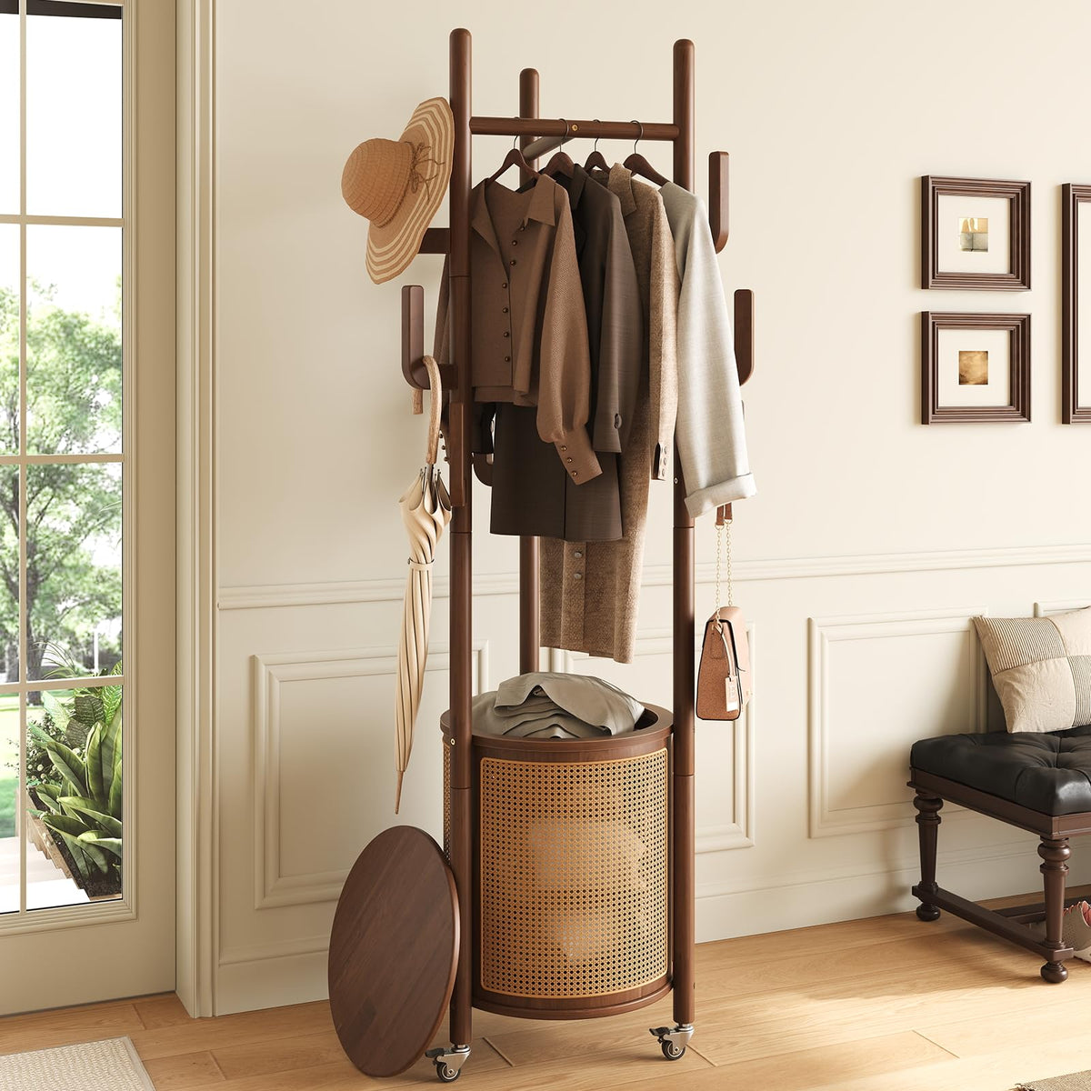 Rolling Wood Coat Rack with Rattan Basket, 65 Inch, Walnut