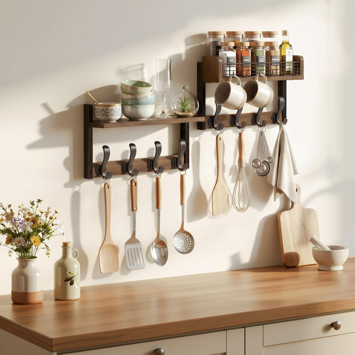 Brown Wood Coat Rack with Shelf, 32 Inch, 14 Hooks, 2 Piece Set