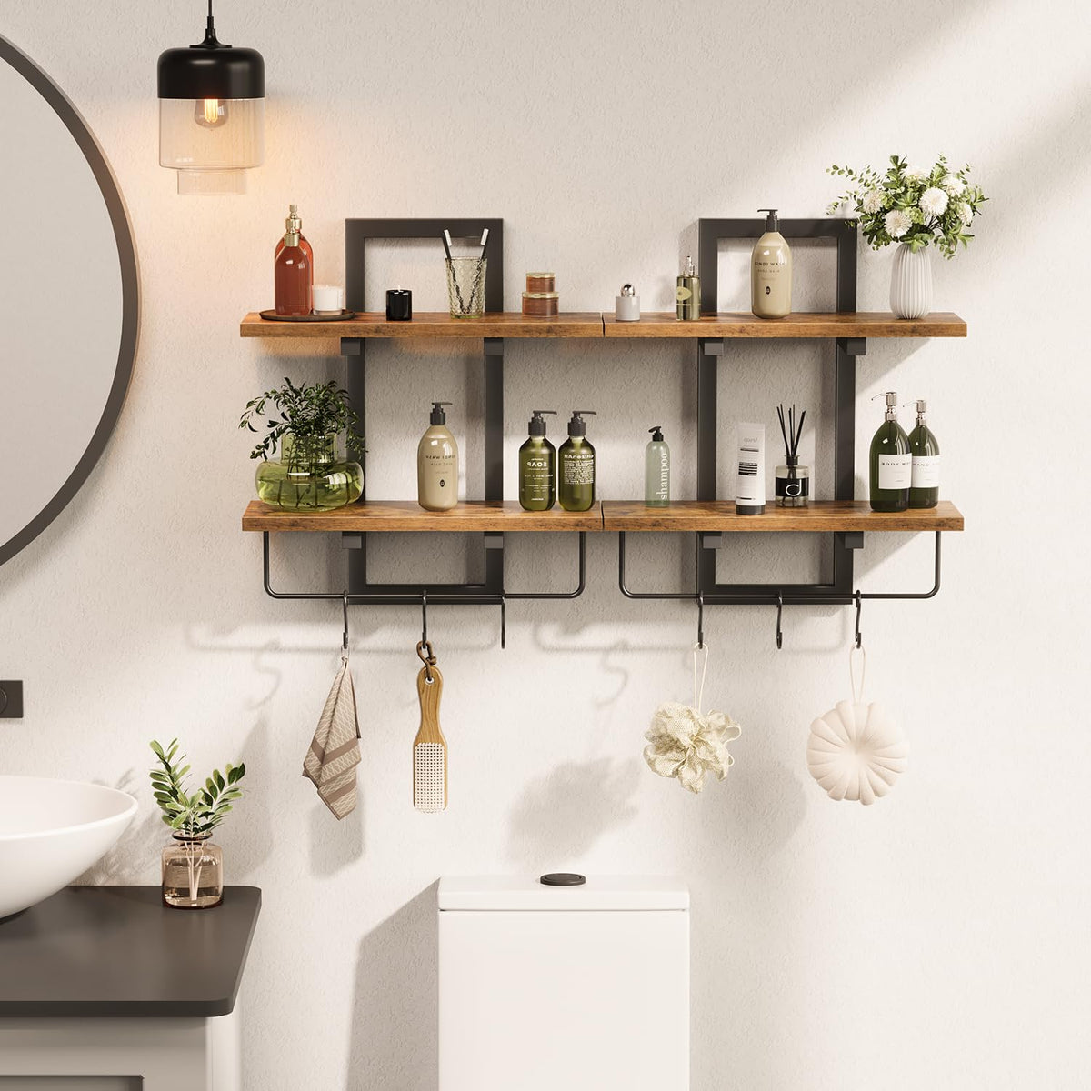 2 Tier Hanging Wall Shelves with 6 Hooks, Set of 2, Rustic Brown