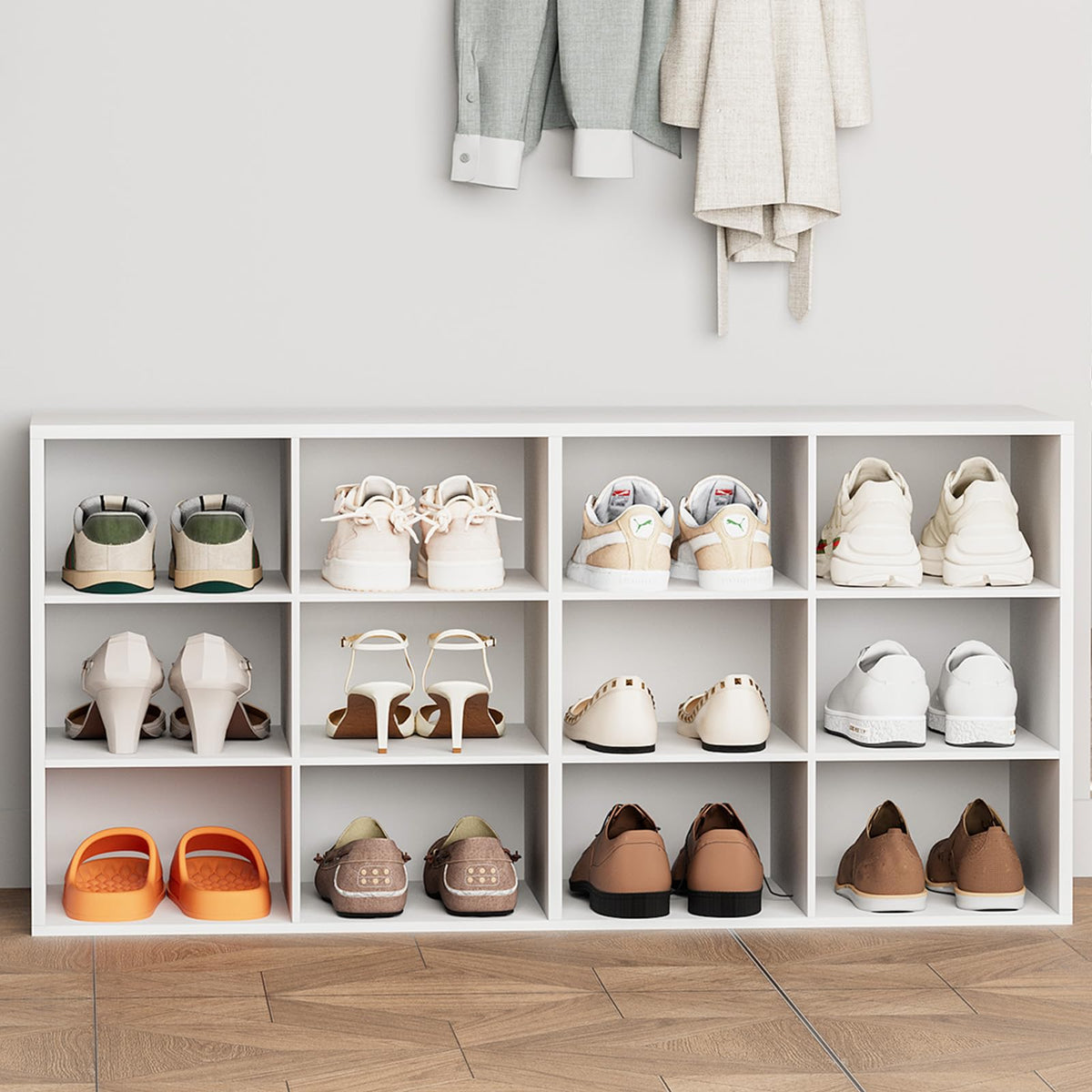 White 12-Cubby Shoe Bench, 3 Tiers, 36.22 Inch