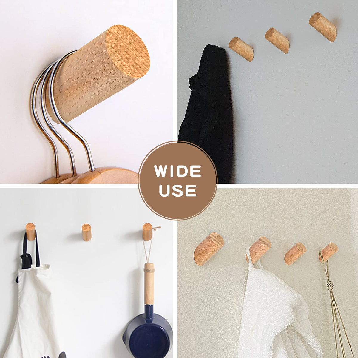 Beech Wood Wall Pegs, 6 Pack, Angled Coat and Towel Hooks