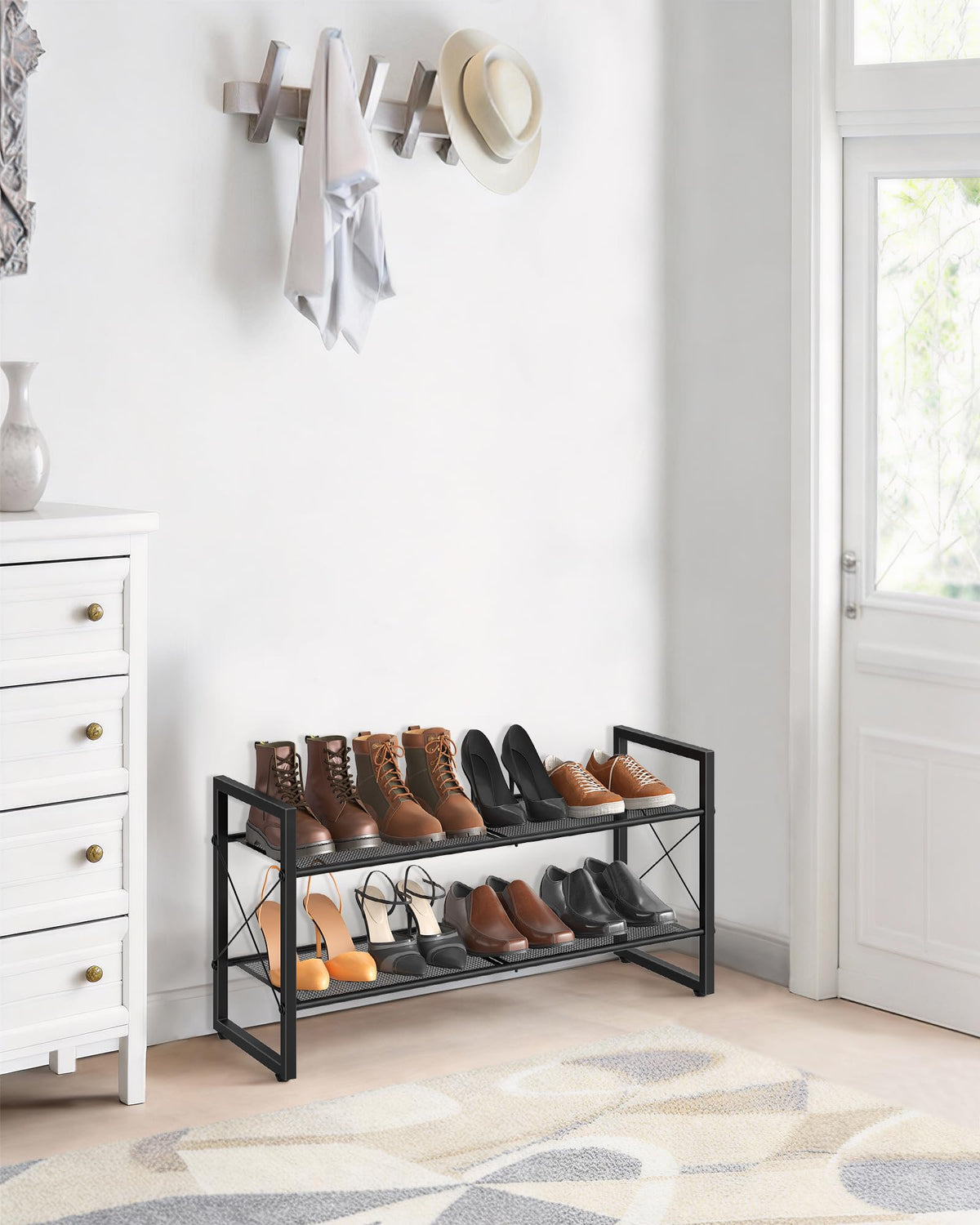 Low 2 Tier Metal Shoe Rack, 30 Inch Wide, Black Mesh