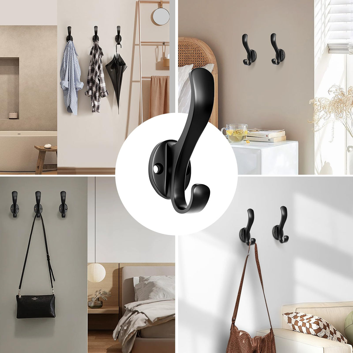 Black Double Prong Wall Hooks, 8 Pack, Heavy Duty Metal Coat Hooks