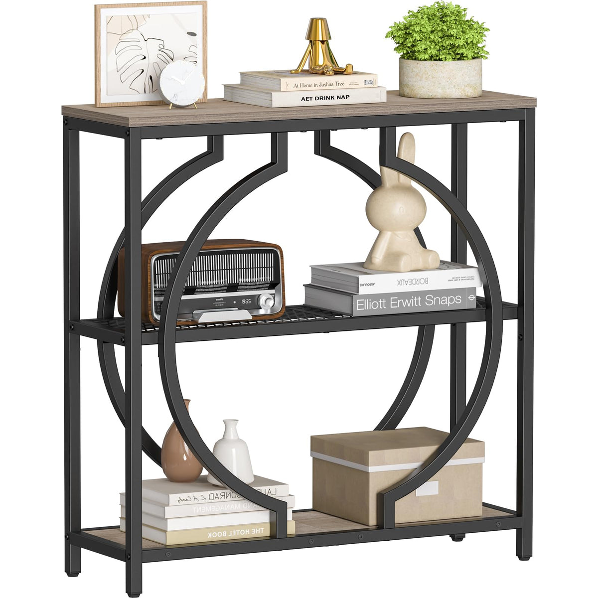 Narrow 3 Tier Console Table with Round Base, 29.5 Inch, Grey