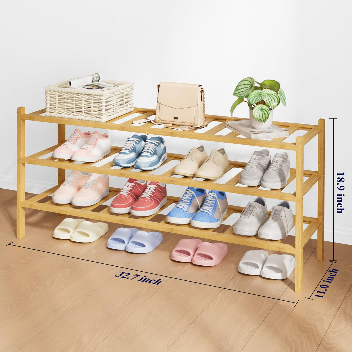 Wide Bamboo Shoe Rack, 32.7 Inch, 3 Tier, Natural Finish