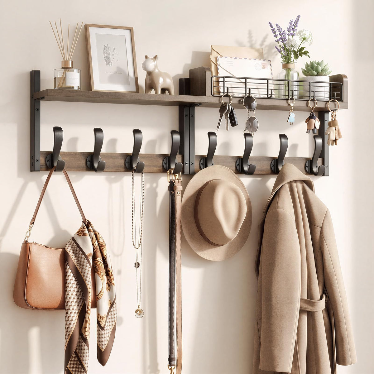 Brown Wood Coat Rack with Shelf, 32 Inch, 14 Hooks, 2 Piece Set