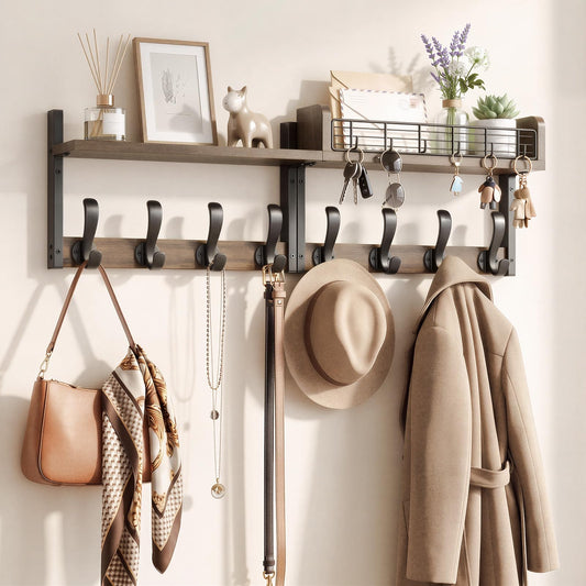 Brown Wood Coat Rack with Shelf, 32 Inch, 14 Hooks, 2 Piece Set