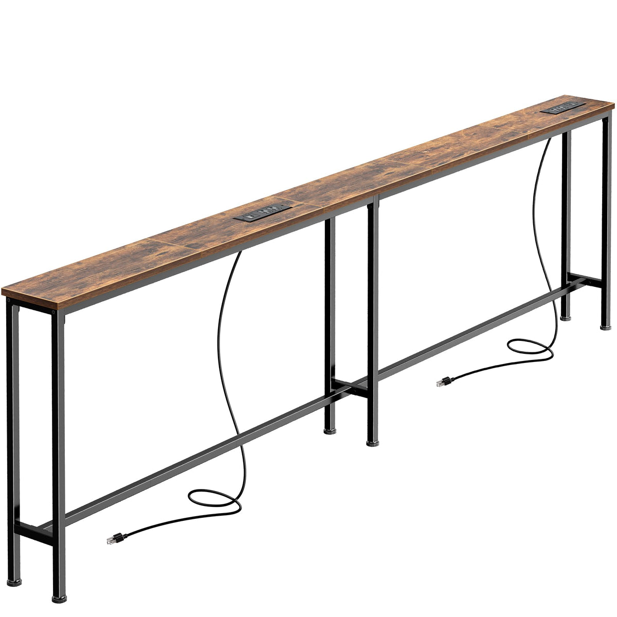 Narrow Sofa Table with Power Outlets, 78.7 Inch Long, Rustic Brown