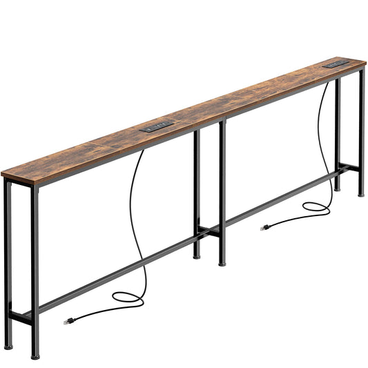 Narrow Sofa Table with Power Outlets, 78.7 Inch Long, Rustic Brown