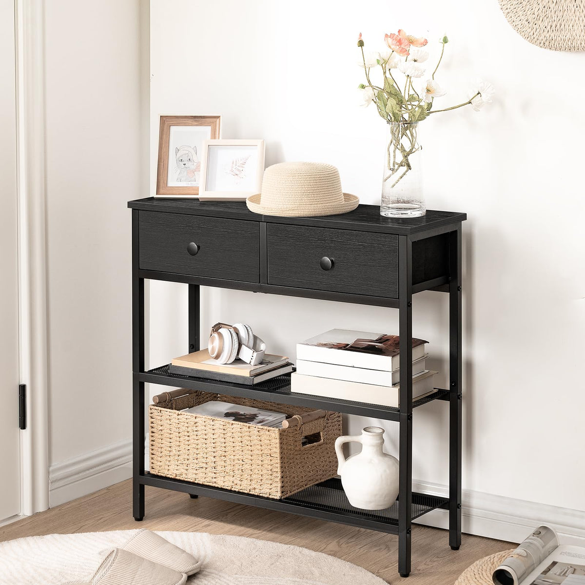 Black Narrow Console Table, 29.5 Inch, 2 Fabric Drawers and Shelves