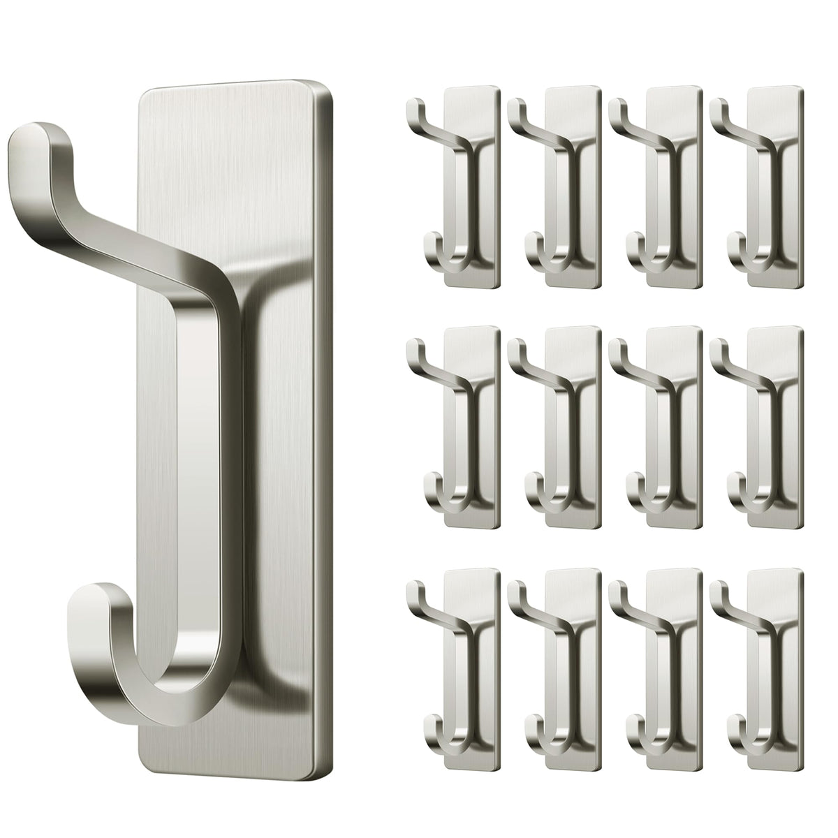 Adhesive Wall Hooks 12 Pack, Stick-On Hooks for Coats and Towels, Brushed Nickel