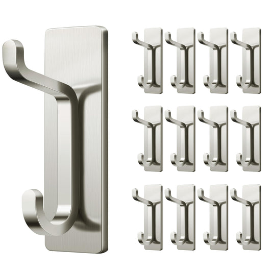 Adhesive Wall Hooks 12 Pack, Stick-On Hooks for Coats and Towels, Brushed Nickel