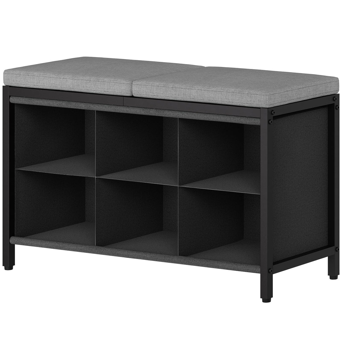 Metal Shoe Bench with 6 Fabric Cubbies and Padded Seat, Black and Gray