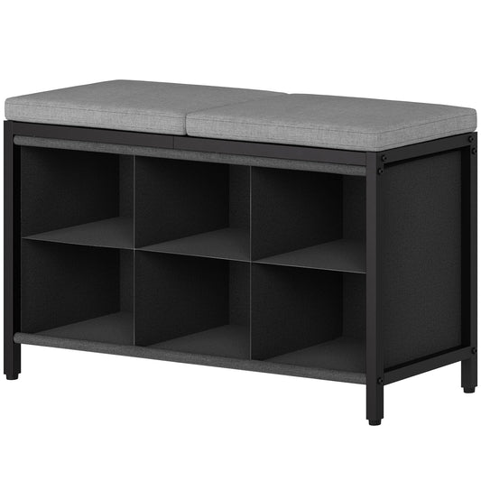 Metal Shoe Bench with 6 Fabric Cubbies and Padded Seat, Black and Gray