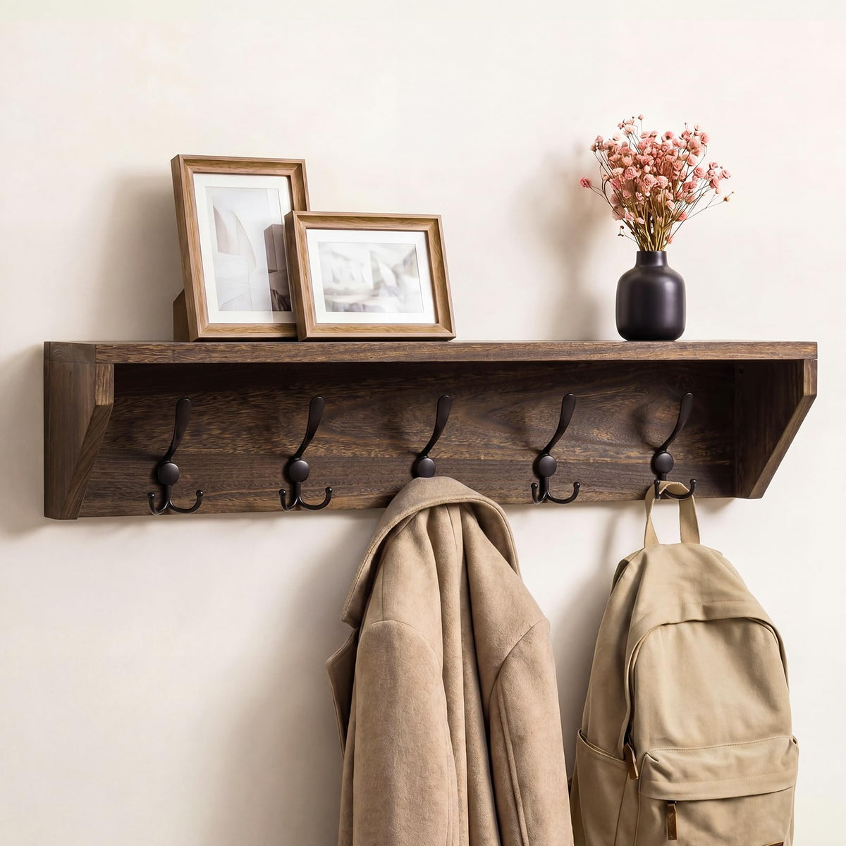 Wall Shelf with 5 Triple Hooks, 29 Inch, Brown Wood and Metal