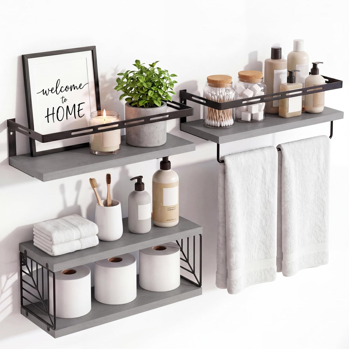 Gray Wood Bathroom Wall Shelf Set, 3 Plus 1 with Guard Rails