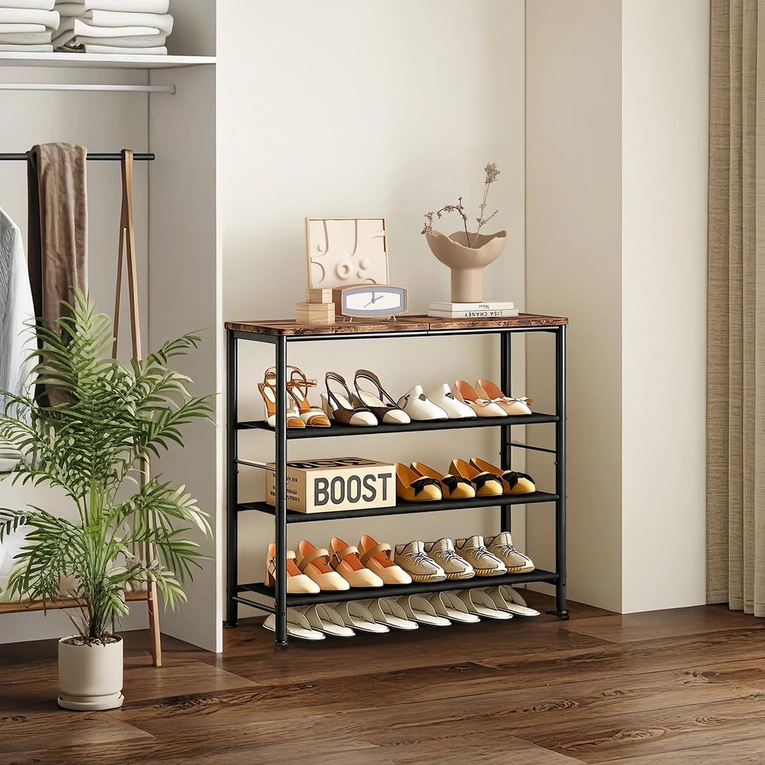 4-Tier Shoe Rack with MDF Board Top Shelf, Freestanding Shoe Storage Organizer