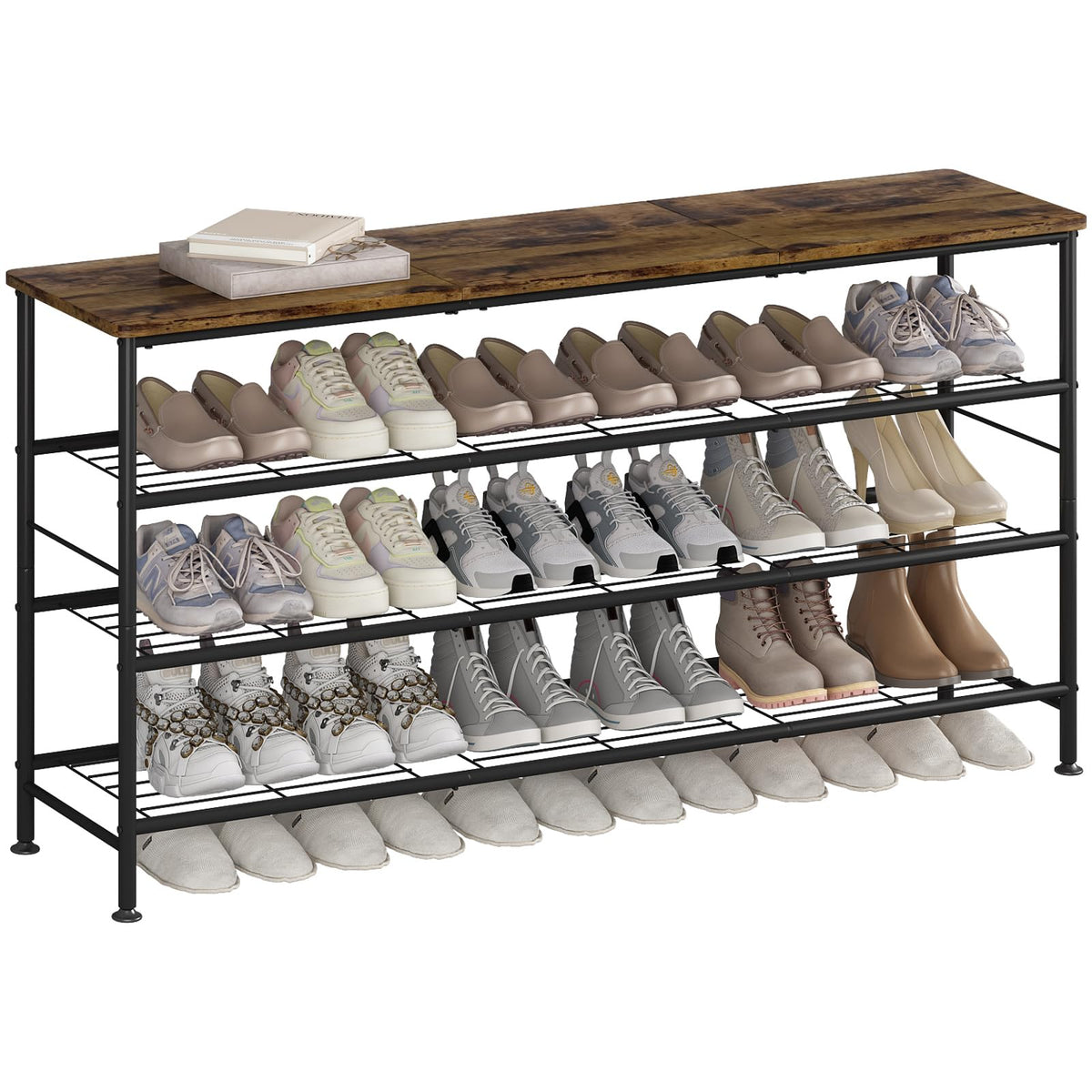 Long Low Shoe Rack, 4 Tiers, 47.2 Inch, Black and Rustic Brown