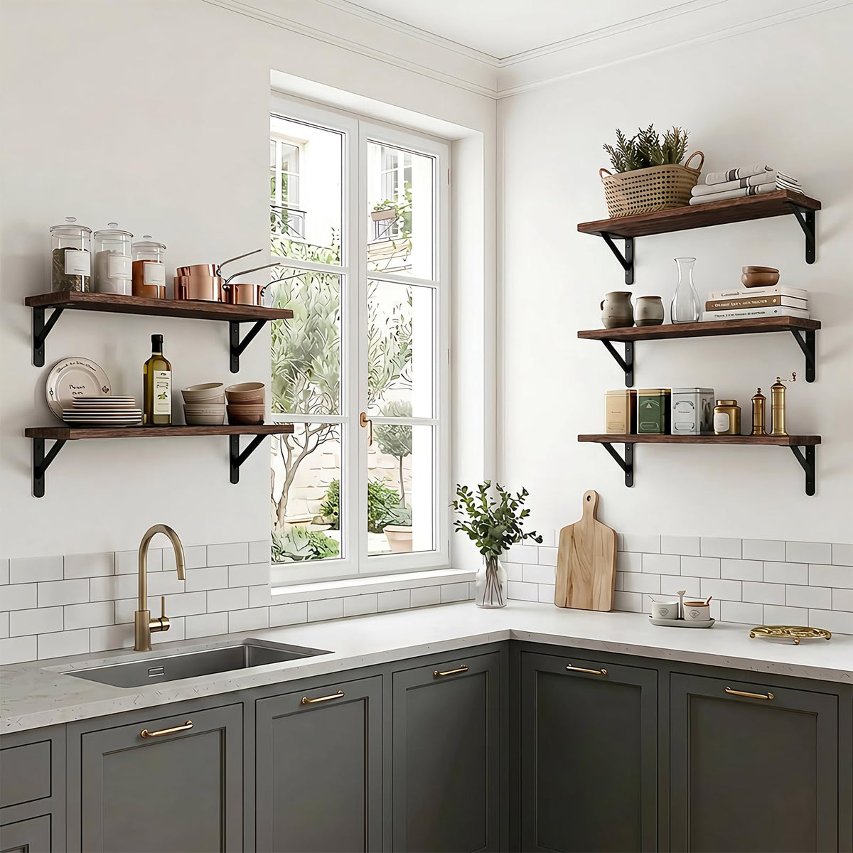 Brown Wood Floating Shelves, Set of 5, 16.5 Inch with Metal Brackets