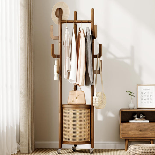 Rolling Wood Coat Rack with Rattan Basket, 65 Inch, Walnut