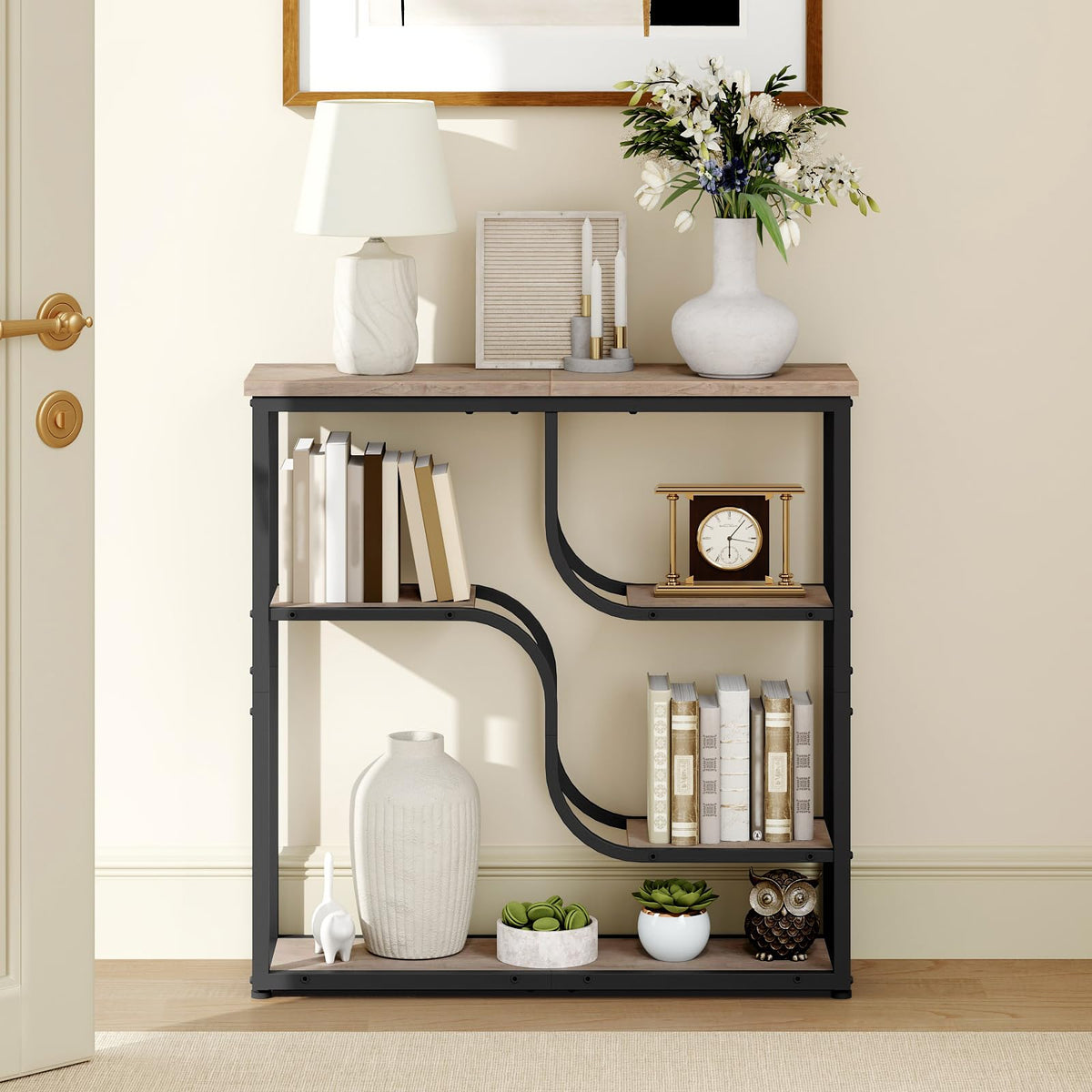 Narrow 5-Tier Console Table, 29.5 Inch, Greige and Black