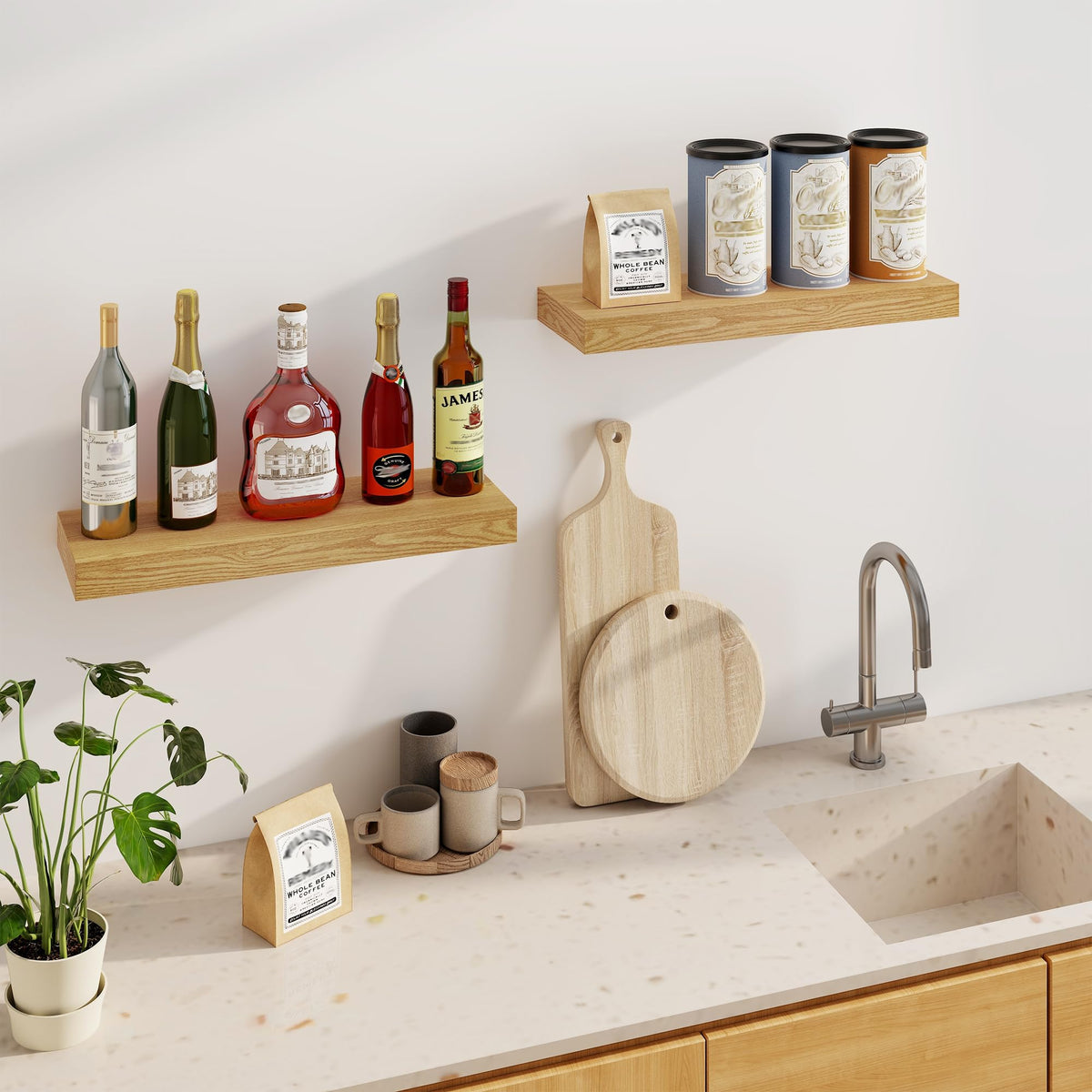 Oak Floating Shelves, 24 Inch, Set of 2 with Hidden Brackets
