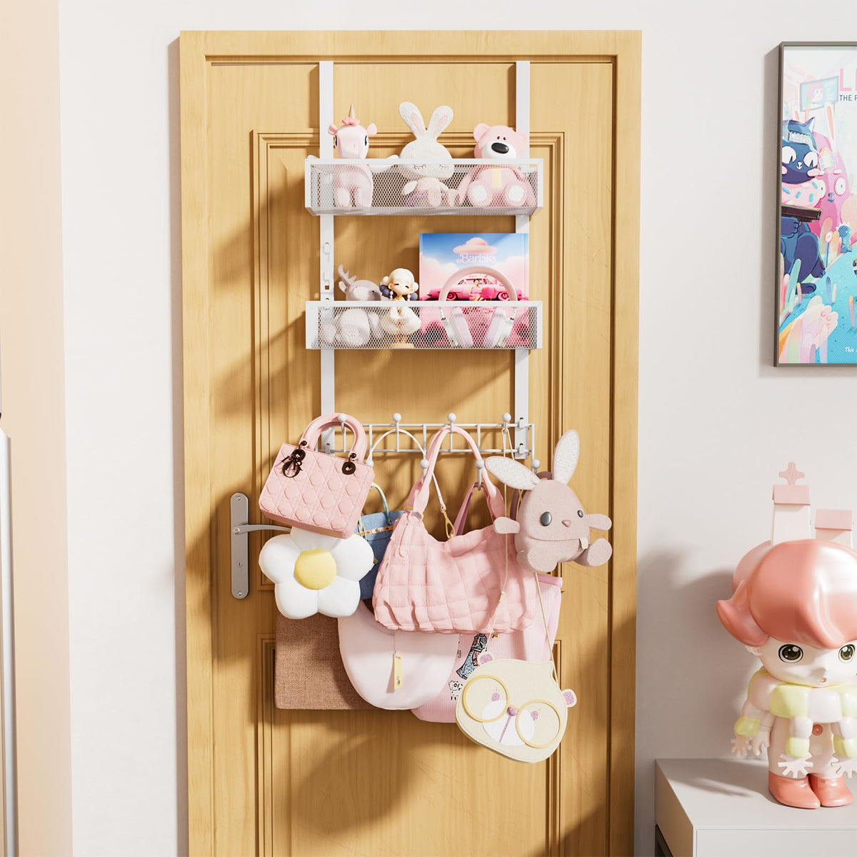 3 Tier Over the Door Organizer with 9 Hooks and 2 Mesh Baskets, White