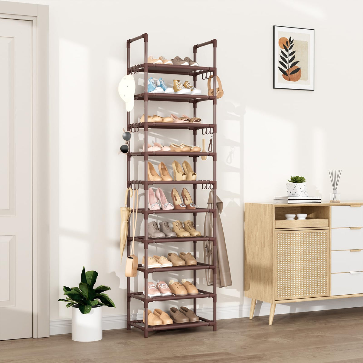 10 Tier Vertical Shoe Organizer, Brown, Holds 20-25 Pairs, 18 Hooks