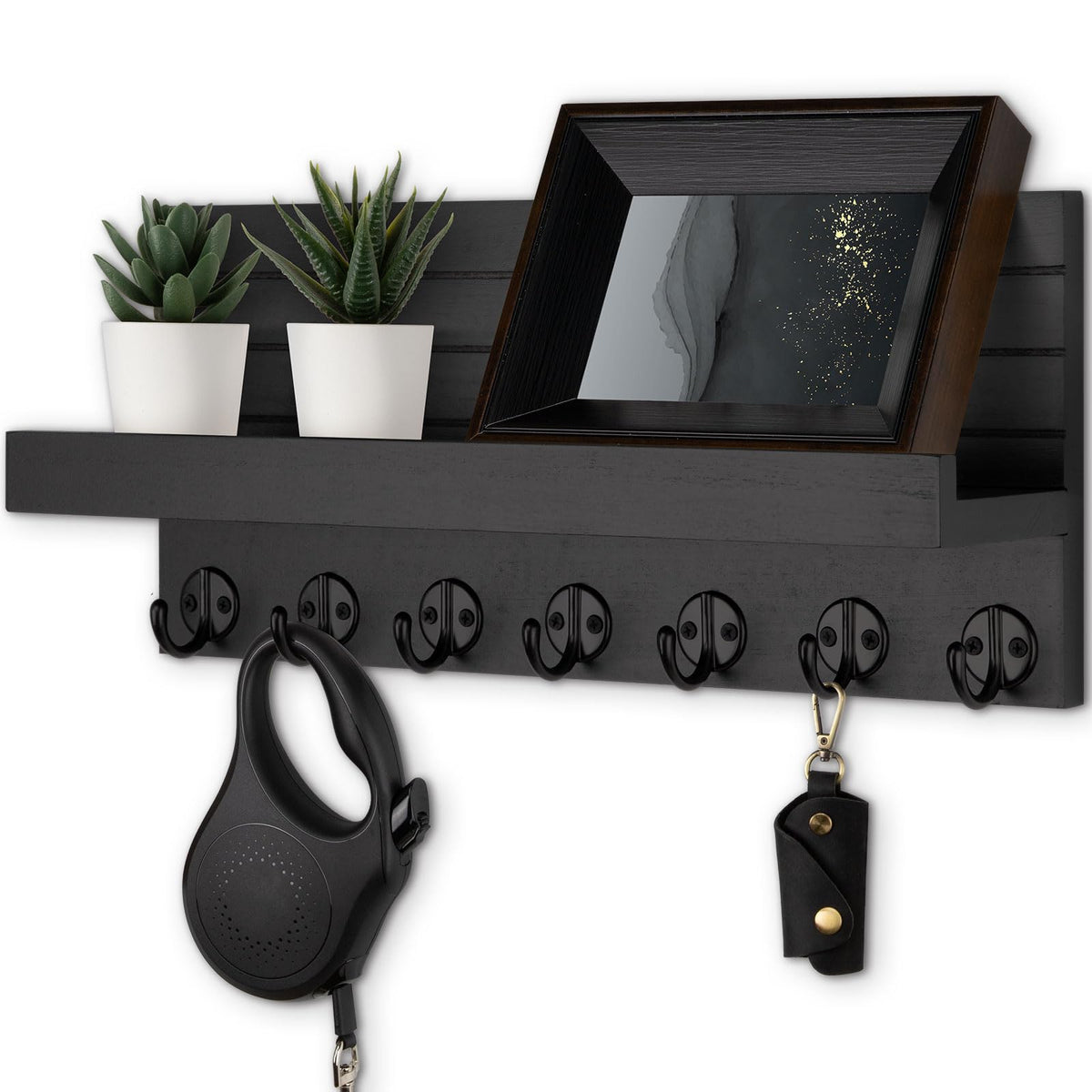 Wood Key Holder Shelf with 7 Hooks, 15 Inch Wall Organizer, Black