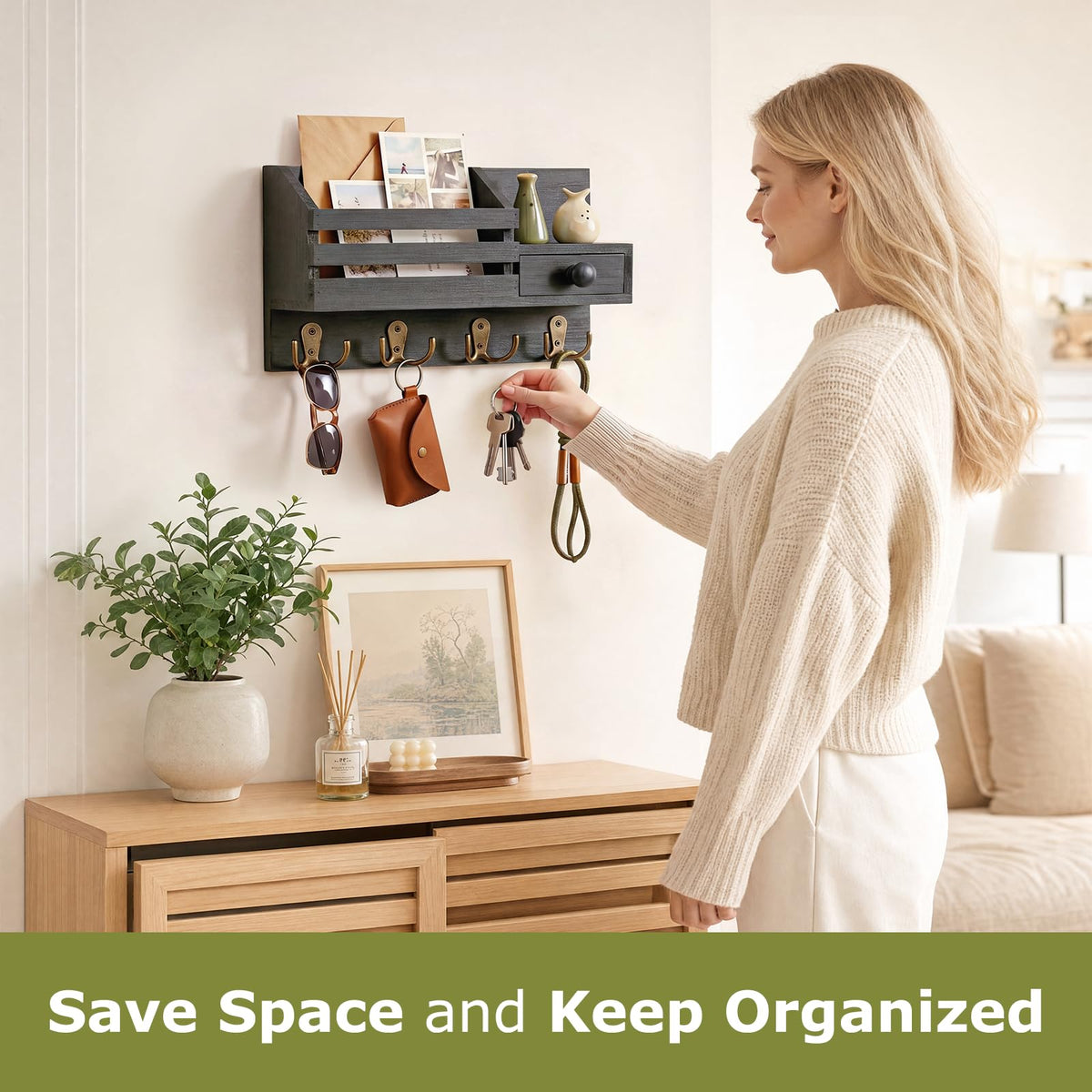 Wall Mounted Wooden Key Holder and Mail Organizer for Entryway, Black