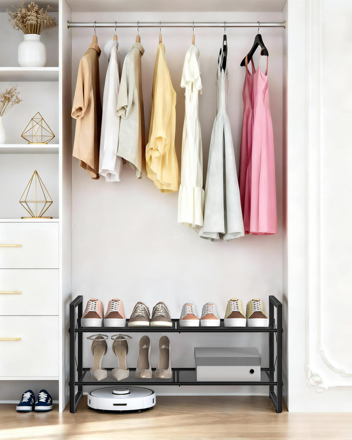 Low 2 Tier Metal Shoe Rack, 30 Inch Wide, Black Mesh