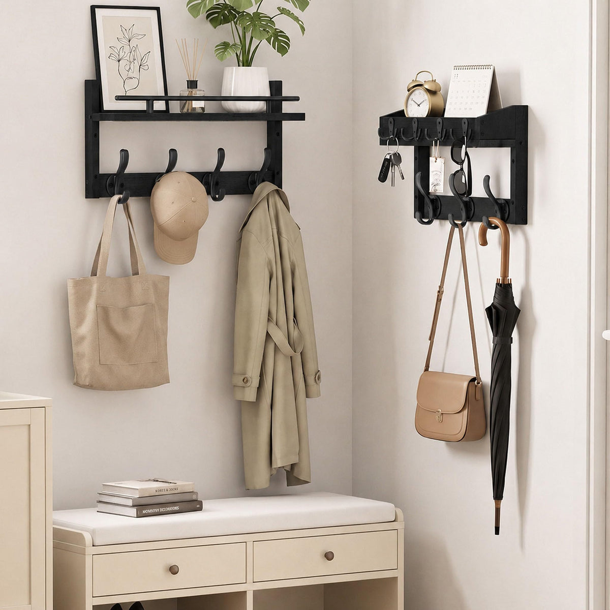 Wall Coat Rack with Shelf, 29 Inch, 7 Coat Hooks and 4 Key Hooks, Black