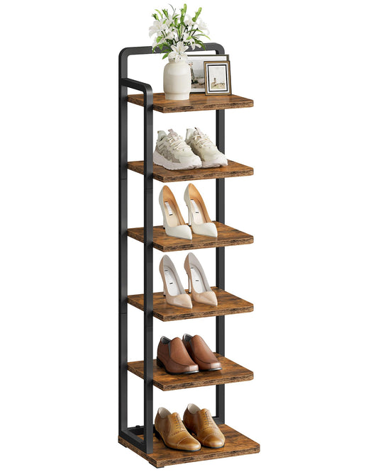 6 Tier Narrow Shoe Tower, Rustic Brown and Black Corner Rack