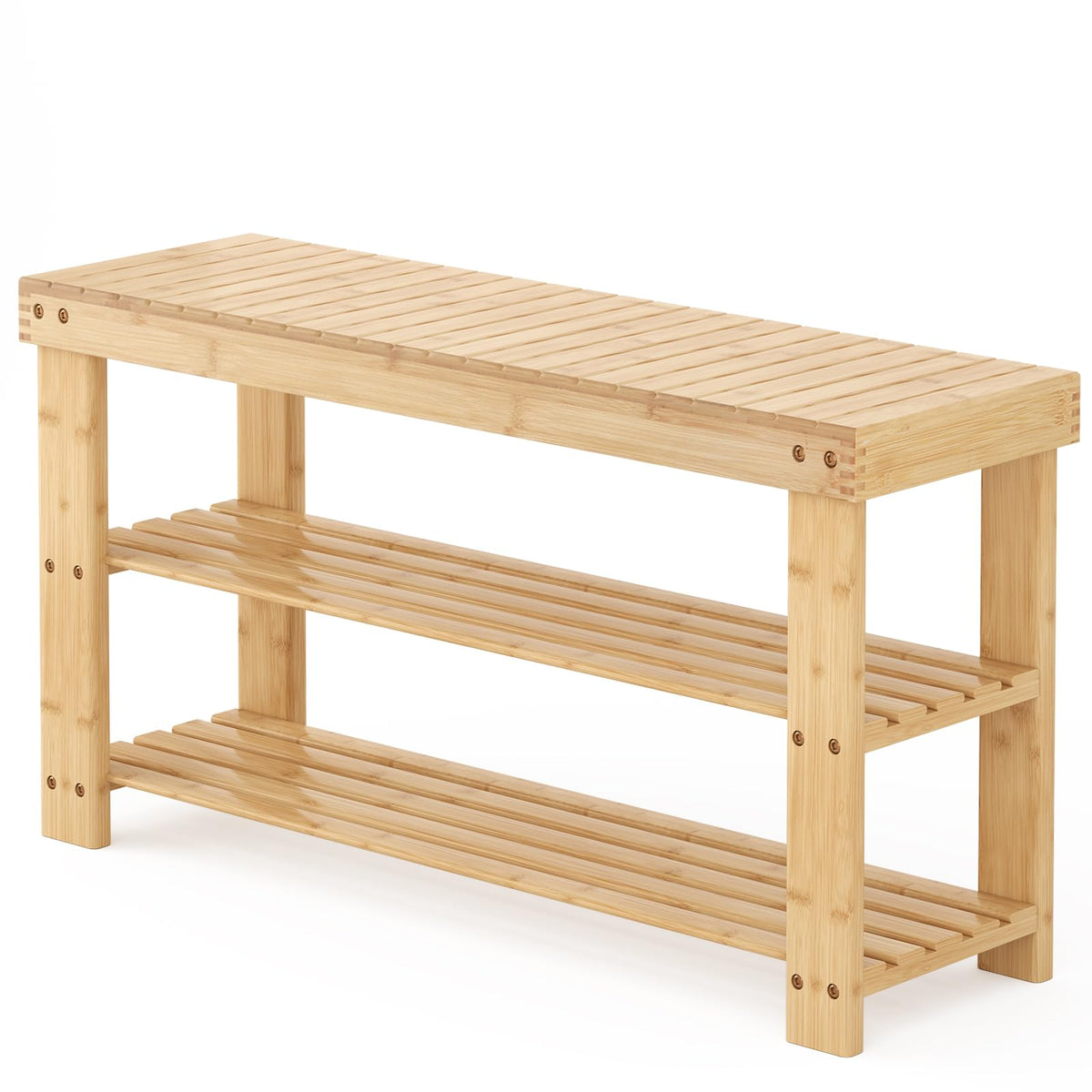 Natural Bamboo Shoe Bench, 35.4 Inch, 3 Tier Seat with Storage