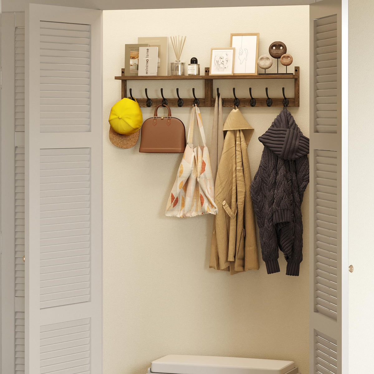 Long Wall Hook Rack with Shelf, 34.2 Inch, 10 Hooks, Brown Wood