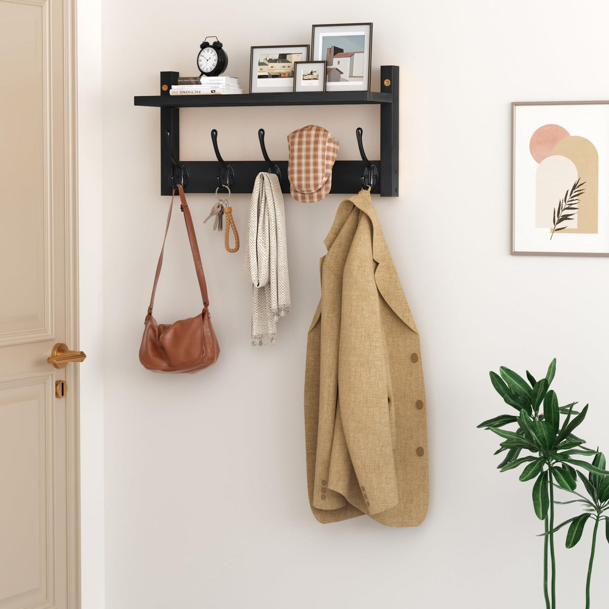 Black Bamboo Wall Shelf with 5 Hooks, 15.7 Inch